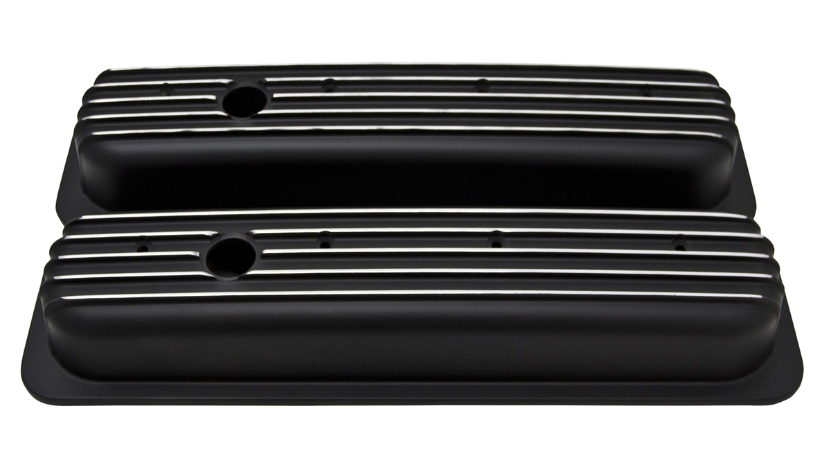 NEW BILLET SPECIALTIES SCRIPT BLACK ALUMINUM SHORT VALVE COVERS COMPATIBLE WITH SMALL BLOCK CHEVY - 3